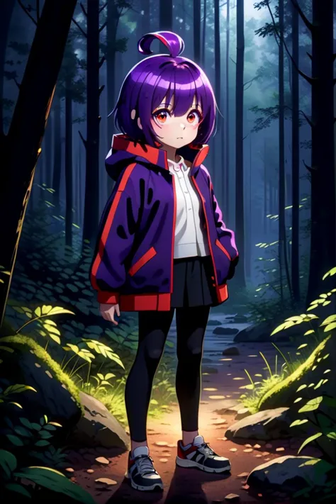 a woman in a purple jacket standing in a forest