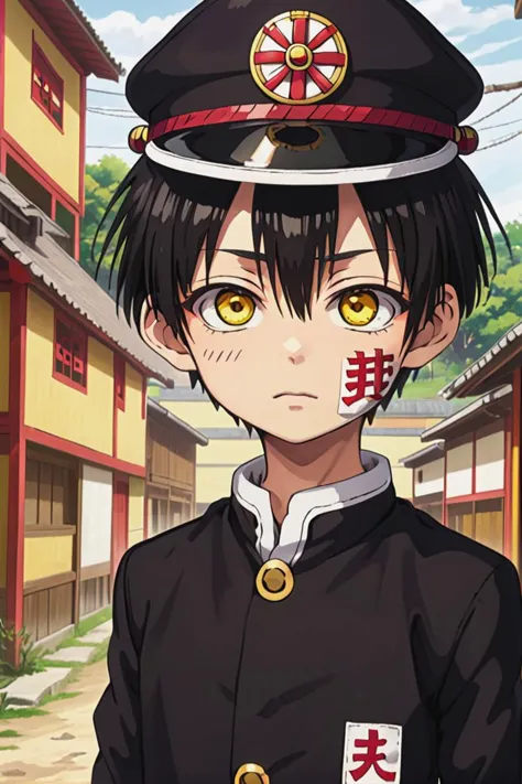 anime character in uniform with yellow eyes and a red cross on his forehead