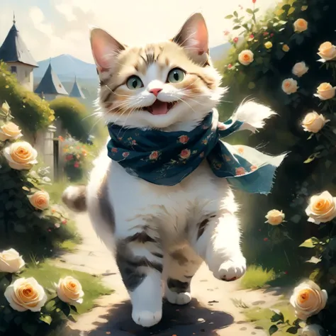 professional painting by Alayna Lemmer of a single cat wearing a small silk scarf. The cat is dancing and has happy expression. It is summer morning time and clear weather. There is a roses garden in the background. cinematic focus on the cat, dynamic pose, dynamic background, dynamic composition, dynamic lighting, realistic proportions, hdr, raytracing,  extreme detailed, ultra detailed, intricate details,  highly detailed atmosphere, highly detailed textures.