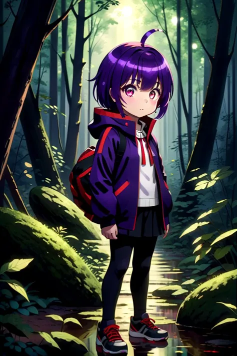 1girl named yayoi_hozuki, she has short purple hair with bangs,
Her eyes are red with a skill pattern,
she is wearing a long sleeved jacket and a white shirt,
she is standing in the forest, black pants
The soft lighting and detailed surroundings create an immersive environment where imagination runs wild hyper-detailed,hyper-detailed face, high quality visuals, dim Lighting, sharply focused, octane render, 8k UHD
 <lora:yayoi-000020:0.7>