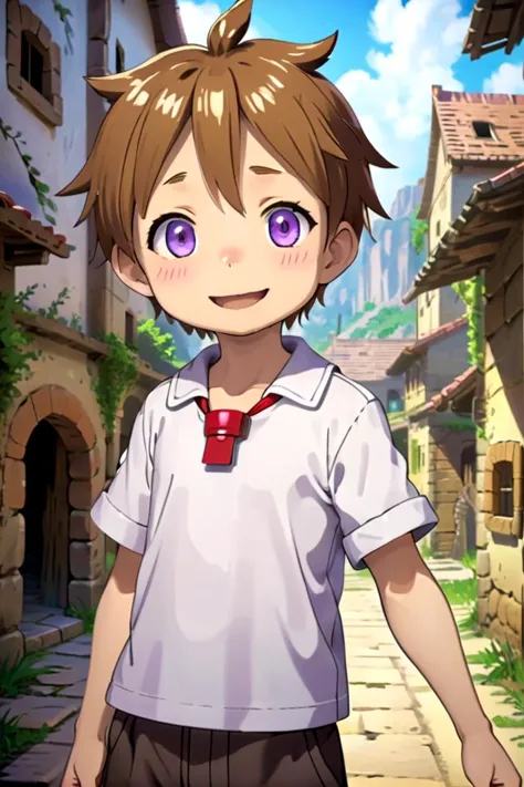 anime boy with purple eyes and a tie standing in a narrow alley