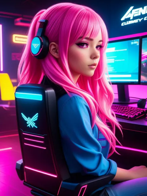 amazingly detailed, masterpiece, ultra hd, full shot, dynamic angle, beautiful girl, computer gamer, gaming computer, gaming cha...