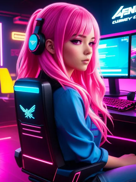 a woman with pink hair sitting in front of a computer