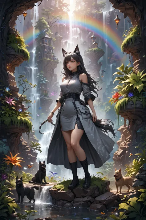 a woman in a gray dress and cat ears standing in front of a waterfall