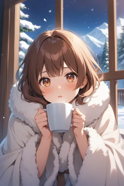 A cozy anime girl with short chestnut hair and warm brown eyes, wrapped in a fluffy blanket, sipping hot cocoa by a snowy window, her expression one of contentment and peace.