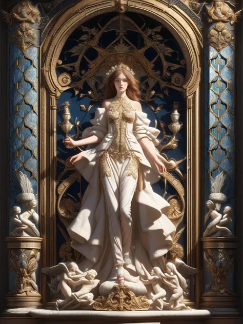 3d modeling, 3d rendering, render, 3d software, in the style of baroque ornate and dramatic compositions, light white and silver, burne-jones, detailed skies, metallic finishes, sculptural figures, narrative paneling