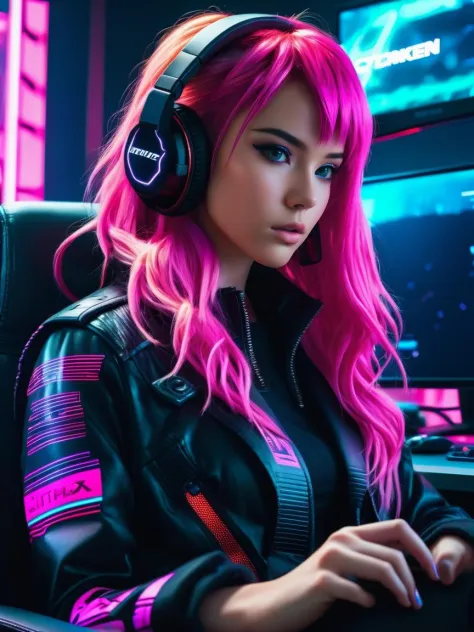 amazingly detailed, masterpiece, ultra hd, full shot, dynamic angle, beautiful girl, computer gamer, gaming computer, gaming chair, playing cyberpunk 2077, neon bedroom, streamer setup, (korean:0.3, european:, celtic:0.4), cyberpunk theme, wild long hair, Wavy Cut with Curtain Bangs, bubblegum pink hair, high detail hair, smokey eye shadow, high detail skin, high detail eyes, seductive eyes, smokey makeup, slender body, toned body, perfect face, slim athletic body, (perky small breasts:0.75), (cold attitude, eyeshadow, eyeliner:1. 6), vibrant colors, beautiful, dramatic lighting, shallow depth of field, Ultra-realistic, focused shot, (epic composition, epic proportion),