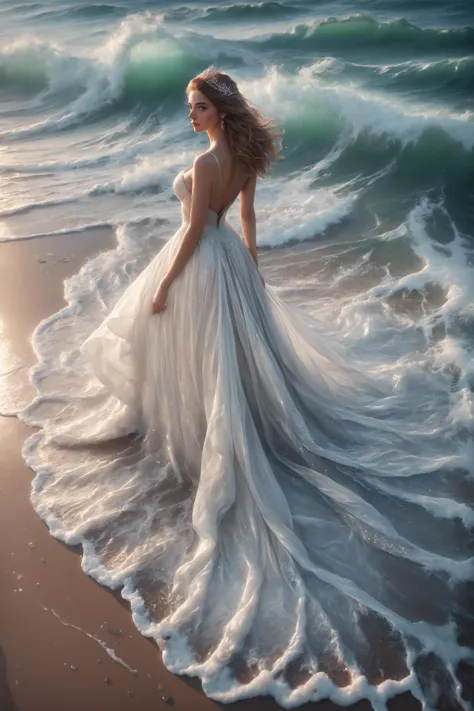 a woman in a white dress standing on a beach next to the ocean