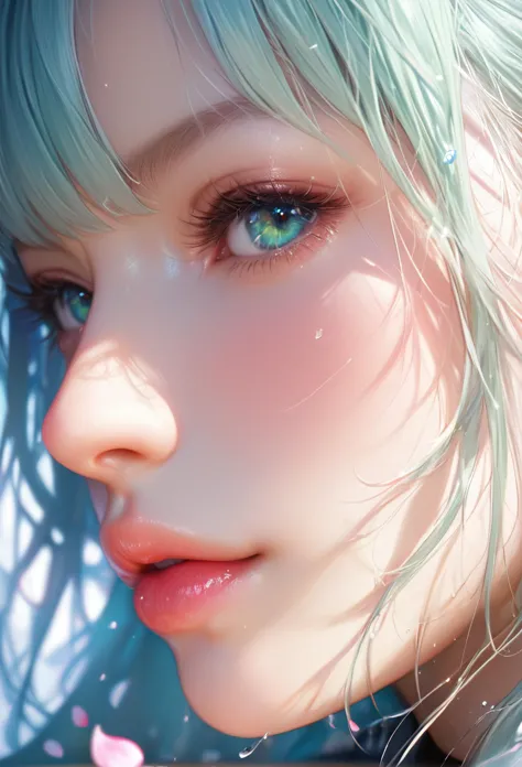 score_9, score_8_up, score_7_up, Girl's profile picture, light green long hair with bangs, light blue petals on cheeks, realisti...