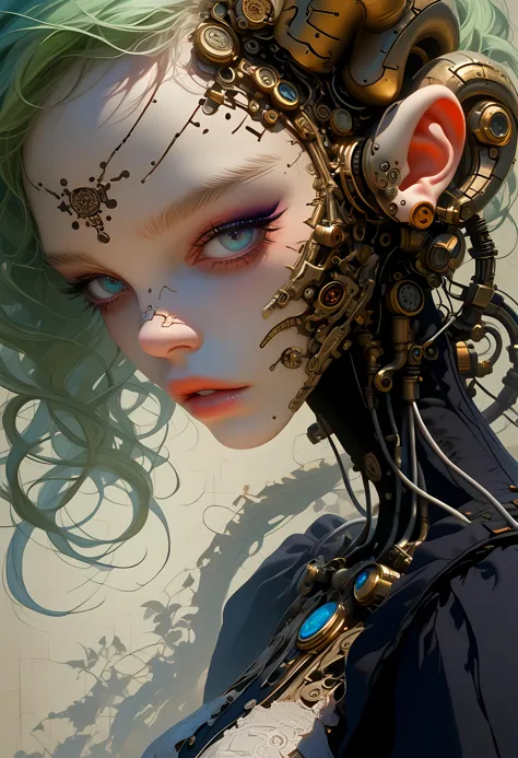 score_9, score_8_up, score_7_up, 
1girl, aruapnxl, au ra, dragon girl, dragon horns, dragon tail, supermodel, beautiful monster girl, parted lips, detailed beautiful face and eyes, intricate iris, makeup, detailed crazy hair, brown undercut, light green hair, mechanical parts, reelmech, cable, wires, joints, scales, cyborg style, wires and intricate machinery, natural elements, 
 nosebleed, 
leaning forward, (three quarter view:0.6), (from below:0.6), (dutch angle:0), fullbody,
dark theme, oddly shaped, intricate scale patterns, steampunk, Gothic, Rococo, Victorian, weird, avant-garde, 
sexy, mysterious charm, sensual aura, detailed, hard surface, aesthetic, absurdres, sinozick style, flat color, 
masterpiece, official art, amazing quality, best quality, high quality, ultra high res, 8k wallpaper, 32K, UHD,
<lora:au_ra_pony:0.8>, <lora:Reelmech_pony_ed_v1_3:0.6>, Expressiveh, <lora:Expressive_H:0.8>, <lora:Pony_DetailV2.0:1.5>, <lora:Sinozick_Style_XL_Pony:1>, zPDXL2,