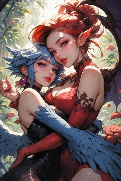 2 monster-girls hugging each other, sultry curvy lesbians, harpy girl and demoness, (sexy:1.5), colorful, fantasy setting, <lora...