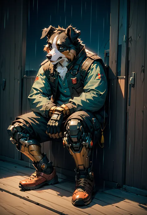 (arte animado of puntaje_9, puntaje_8_arriba, puntaje_7_arriba, puntaje_6_arriba, fuente_peludo, Antro hombre triste de cuerpo completo (((collie áspero))) con mejoras cyberpunk. En una vieja casa ciberpunk en ruinas mirando por la ventana. Lightning strike in the background lighting arriba the area, con lluvia afuera. detalles altos, 8K, ciencia ficción), obra maestra, 4k, mejor calidad, arte animado