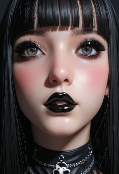 score_9, score_8_up, score_7_up, Close up, real, goth girl, charming face, black hair, hime cut, black lipstick, blushing, compo...