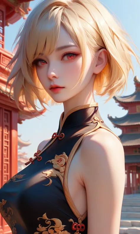 score_9, score_8_up, score_7_up, score_6_up, semi realistic, blonde hair, bob cut, red eyes, short hair, realistic lighting, detailed face, upper body, xian xia, chinese sword, chinese garden, chinese architecture, black chinese dress, sword