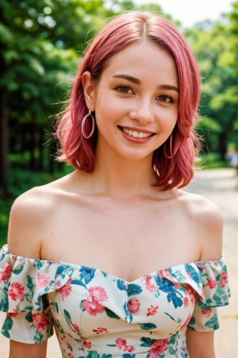 analog film photo solo, realistic, ((english woman)), (((pink hair))), (((happy512))), big smile, silver drop earrings, (((off-t...