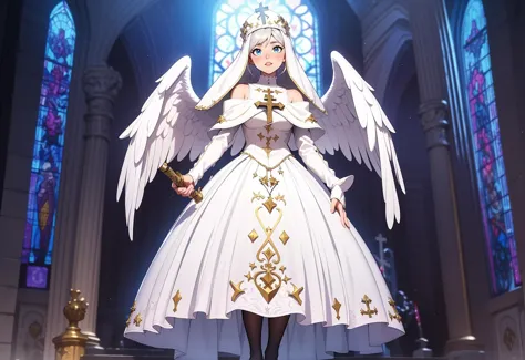 anime artwork anime artwork,  ((voluminous huge radiant sparkling angel wings)), Char_alie-SeraphAngel:0.8, adult beautiful woman, tall, high quality, best quality, highres, high detail, afterglow, action shot, flaming sword,   garb_g1, (gold and white ornate nun habit, nun cowl,)  elaborate (gothic silver off- shoulder dress), crystals, charms, rhinestone crosses, ((stockings)), frills, headdress,  standing, cathedral, stained glass windows,  ((art by Makoto Shinkai)) (cel shaded), line art, zooming out,   <lora:Outfit_hud-WhiteNunCosplay:0.65>, full body,  . vibrant, studio anime, highly detailed . anime style, key visual, vibrant, studio anime,  highly detailed