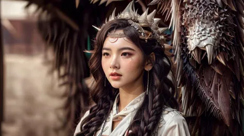 a close up of a woman with long hair wearing a headdress