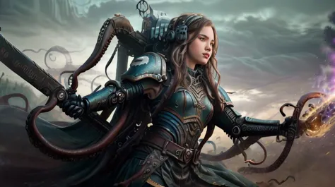 a woman in armor holding a sword and a giant octopus