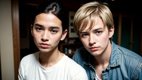 two young men sitting next to each other in a room