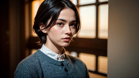 a close up of a woman in a sweater and a tie