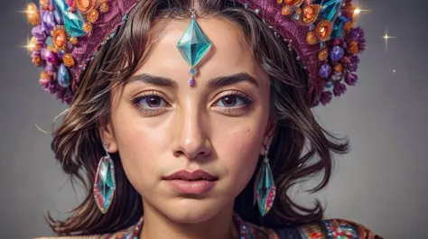 a close up of a woman wearing a colorful headdress and earrings