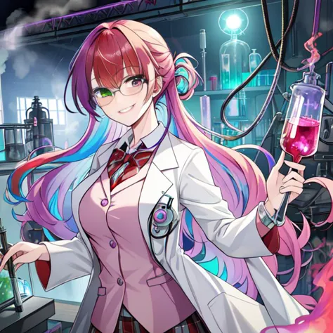 best quality, masterpiece, highres, detailed, heterochromia, multicolored hair, MadScientistCh, lab coat, glasses, evil smile, 1girl, gases, fumes, <lora:MadScientistCh:0.8>, lab, labcoat, laboratory, beaker, lab devices,