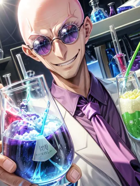 best quality, masterpiece, highres, detailed, <lora:Detail - add_detail:0.2>,  <lyco:Change - MadScientist:0.8>, MadScientistCh, lab coat, glasses, evil smile, 1man,  MasanoriV, bald, purple shirt, purple tie,  <lora:Character - MasanoriV:0.6>, sci-fi, science lab, chemicals,