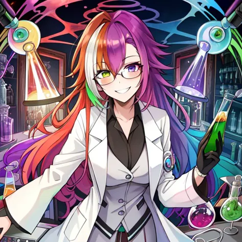 best quality, masterpiece, highres, detailed, heterochromia, multicolored hair, MadScientistCh, lab coat, glasses, evil smile, 1girl, gases, fumes, <lora:MadScientistCh:0.8>, lab, labcoat, laboratory, beaker, lab devices,