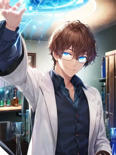 anime guy in a lab coat holding a glass of liquid