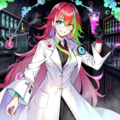 best quality, masterpiece, highres, detailed, heterochromia, multicolored hair, madscientistch, lab coat, glasses, evil smile, 1...