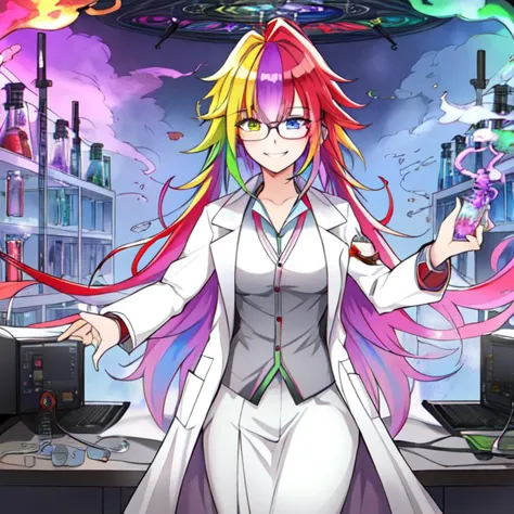 best quality, masterpiece, highres, detailed, heterochromia, multicolored hair, MadScientistCh, lab coat, glasses, evil smile, 1girl, gases, fumes, <lora:MadScientistCh:0.8>, lab, labcoat, laboratory, beaker, lab devices,