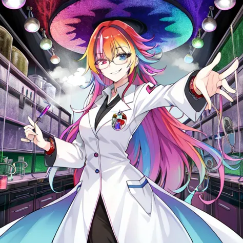 best quality, masterpiece, highres, detailed, heterochromia, multicolored hair, MadScientistCh, lab coat, glasses, evil smile, 1girl, gases, fumes, <lora:MadScientistCh:0.8>, lab, labcoat, laboratory, beaker, lab devices,