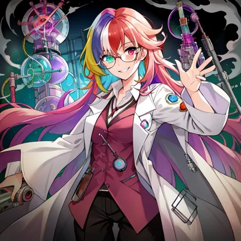 best quality, masterpiece, highres, detailed, heterochromia, multicolored hair, MadScientistCh, lab coat, glasses, evil smile, 1girl, gases, fumes, <lora:MadScientistCh:0.8>, lab, labcoat, laboratory, beaker, lab devices,