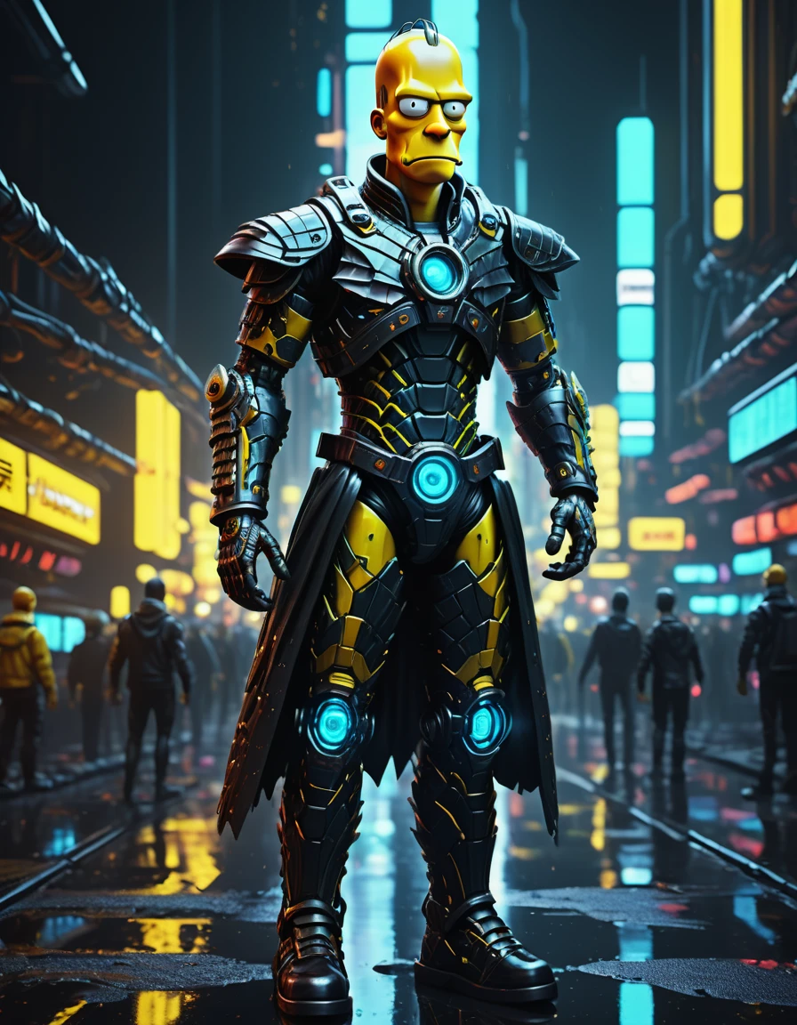 (Obra de arte,Arte digital realista hiperdetalhada:1.3), fullbodyshot cybertech ciborgue geneticamente modificado,a responsabilidade é demais para carregar,(Homer Simpson:1.3),amarelo, roupa preta,ciberpunk, Coruscant, cidade futurista de tecnologia de ficção científica, luzes de neon, chuva, luzes de trânsito, plausibilidade, luz de fundo, renderização de octanagem, Obra de arte,   F41Arm0rXL