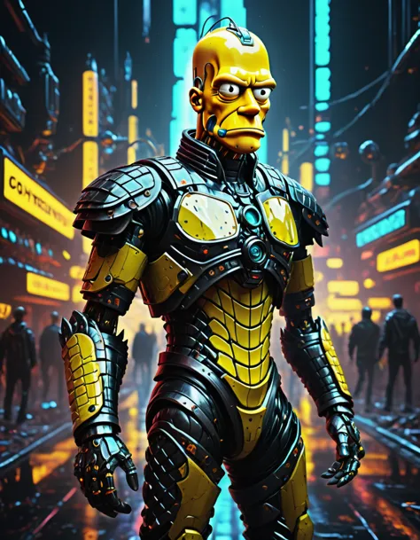 (masterpiece,Hyper detailed realistic Digitalart:1.3), fullbodyshot cybertech cyborg genetically modified,the responsibility is just to much to carry,(Homer Simpson:1.3),yellow, black clothing,cyberpunk, Coruscant, futuristic sci-fi tech city, neon lights, rain, traffic lights, rimlighet, backlight, octane render, masterpiece,   F41Arm0rXL