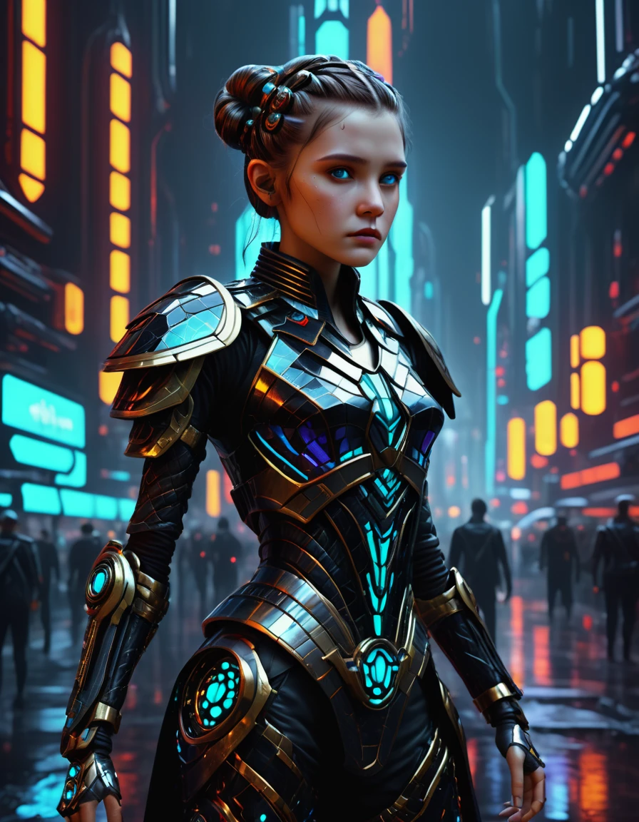 (Obra de arte,Arte digital realista hiperdetalhada:1.3), fullbodyshot cybertech ciborgue geneticamente modificado,a responsabilidade é demais para carregar,princess Leia, sabre de luz, roupa preta,ciberpunk, Coruscant, cidade futurista de tecnologia de ficção científica, luzes de neon, chuva, luzes de trânsito, plausibilidade, luz de fundo, renderização de octanagem, Obra de arte,   F41Arm0rXL