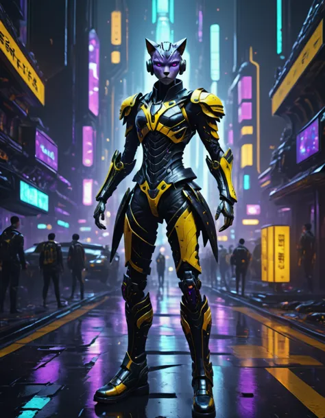 (masterpiece,Hyper detailed realistic Digitalart:1.3), fullbodyshot cybertech cyborg genetically modified,the responsibility is just to much to carry,(puss in boots:1.3),yellow,purple,(boots:1.4), black clothing,cyberpunk, Coruscant, futuristic sci-fi tech city, neon lights, rain, traffic lights, rimlighet, backlight, octane render, masterpiece,   <lora:Fae_Armor_XL-000008:0.8> F41Arm0rXL