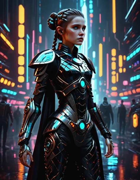 (chef-d&#39;œuvre,Art numérique réaliste hyper détaillé:1.3), cyborg cybertech fullbodyshot génétiquement modifié,la responsabilité est tout simplement trop lourde à porter,Princesse Leia, sabre laser, vêtements noirs,cyberpunk, Coruscant, ville technologique futuriste de science-fiction, néons, pluie, feux de circulation, plausibilité, rétroéclairage, rendu d&#39;octane, chef-d&#39;œuvre,   F41Arm0rXL