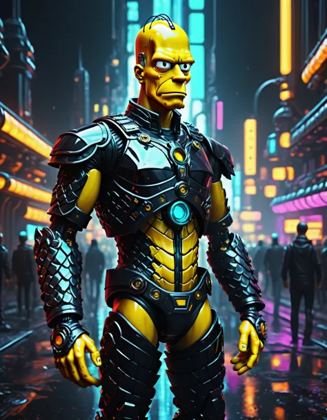 (masterpiece,Hyper detailed realistic Digitalart:1.3), fullbodyshot cybertech cyborg genetically modified,the responsibility is just to much to carry,(Homer Simpson:1.3),yellow, black clothing,cyberpunk, Coruscant, futuristic sci-fi tech city, neon lights, rain, traffic lights, rimlighet, backlight, octane render, masterpiece,   <lora:Fae_Armor_XL-000008:0.8> F41Arm0rXL