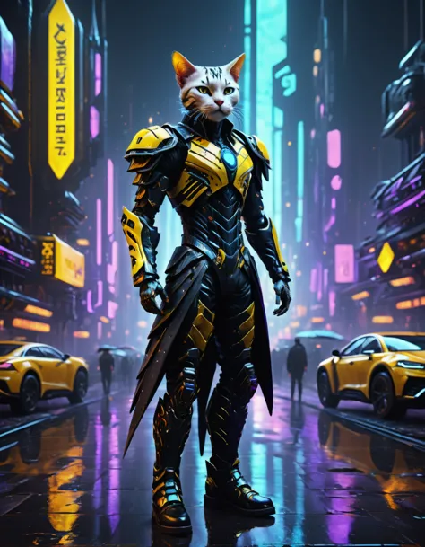 (masterpiece,Hyper detailed realistic Digitalart:1.3), fullbodyshot cybertech cyborg genetically modified,the responsibility is just to much to carry,(puss in boots:1.3),yellow,purple,(boots:1.4), black clothing,cyberpunk, Coruscant, futuristic sci-fi tech city, neon lights, rain, traffic lights, rimlighet, backlight, octane render, masterpiece,   F41Arm0rXL