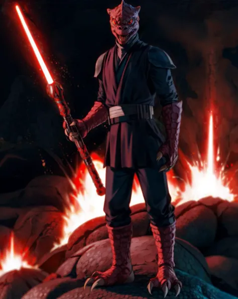 a man in a red robe holding a light saber standing on a rock