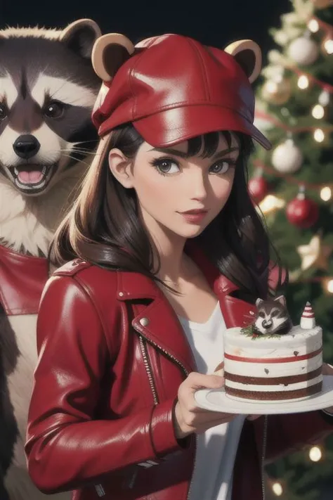 stylish bear in a festive cap, cake, raccoon in a red leather jacket,