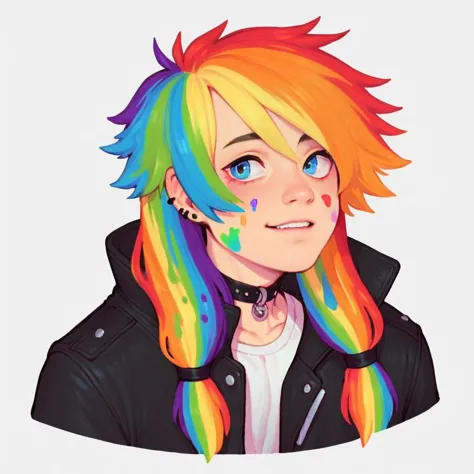 a close up of a person with a rainbow colored hair