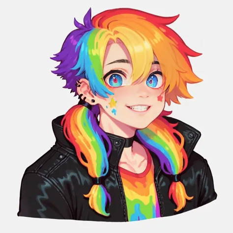 a cartoon drawing of a girl with rainbow hair and piercings