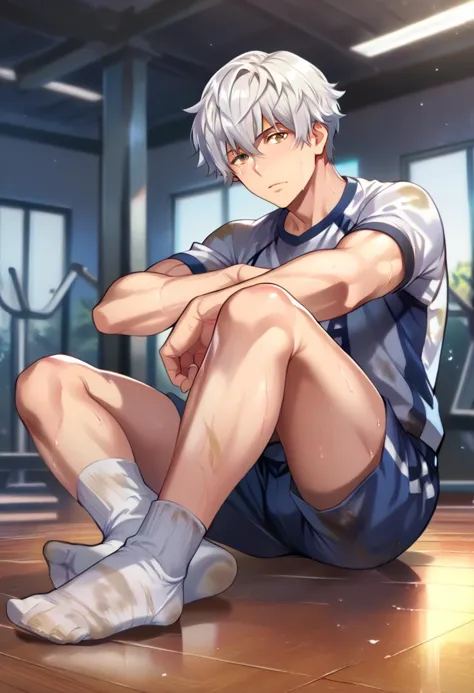 score_9,score_8_up,score_7_up,score_6_up,<lora:KyouyaOnoderaXL:1>,1boy,solo,white hair,wearing gym_uniform,athletes,dirty clothes,muscle,bulge,sitting,wooden floor,floor,indoors,white socks,no shoes,best quality,amazing quality,best aesthetic,<lora:niji_6_massive_style:0.8>,sports theme,<lora:MaleMixPDv3:0.8>,muscular,from_below,foot_focus,