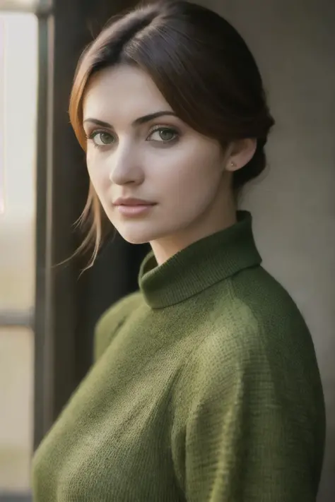 A stunning intricate full color portrait of  a woman,wearing a green high neck blouse, happy, epic character composition,by ilya...