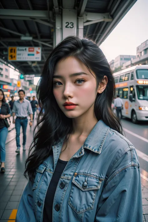 a close up of a woman standing on a sidewalk near a bus