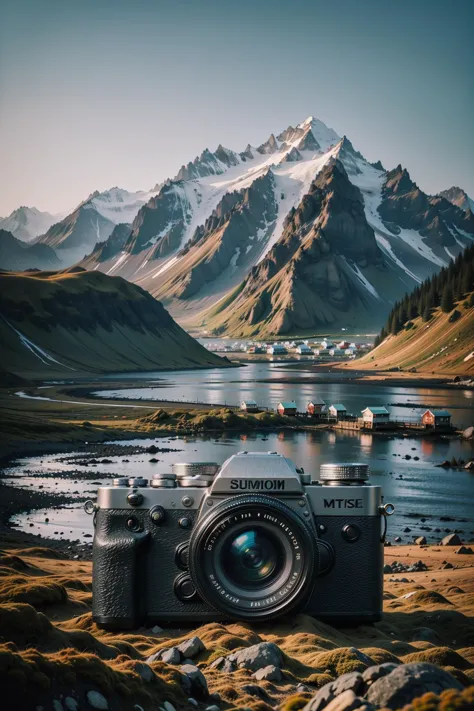 a camera sitting on top of a rocky hill next to a lake