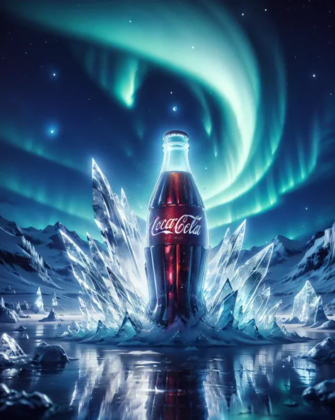 coca cola bottle with aurora lights in the background