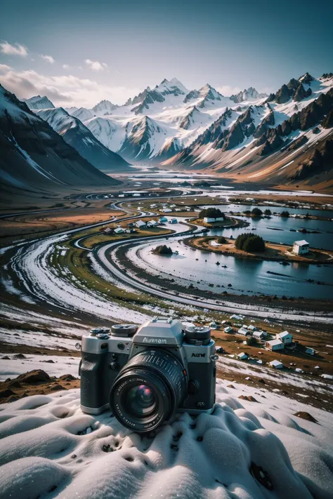 a camera sitting on top of a snow covered field next to a lake